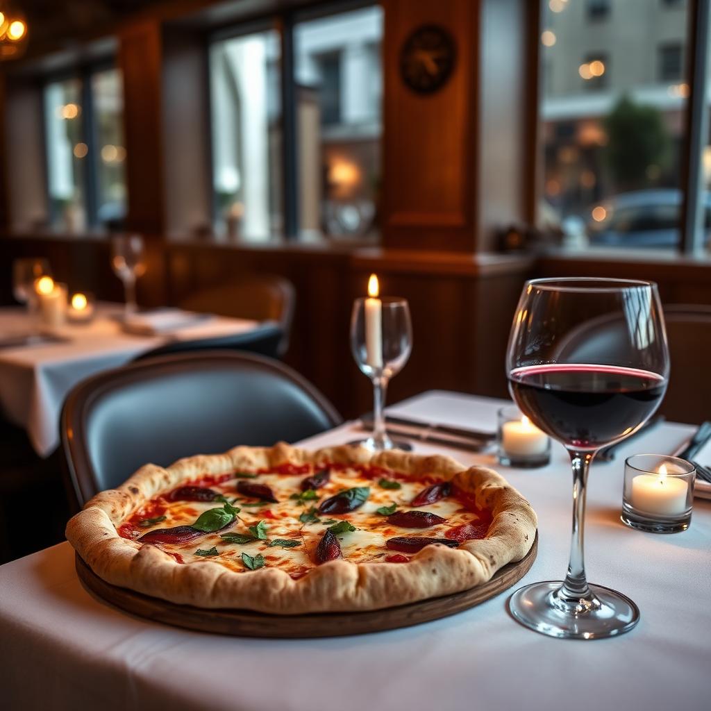 Mesa posta com pizza e vinho