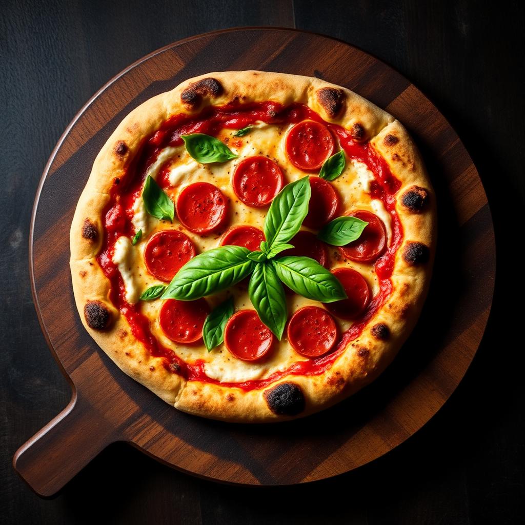 Pizza pepperoni com manjericão