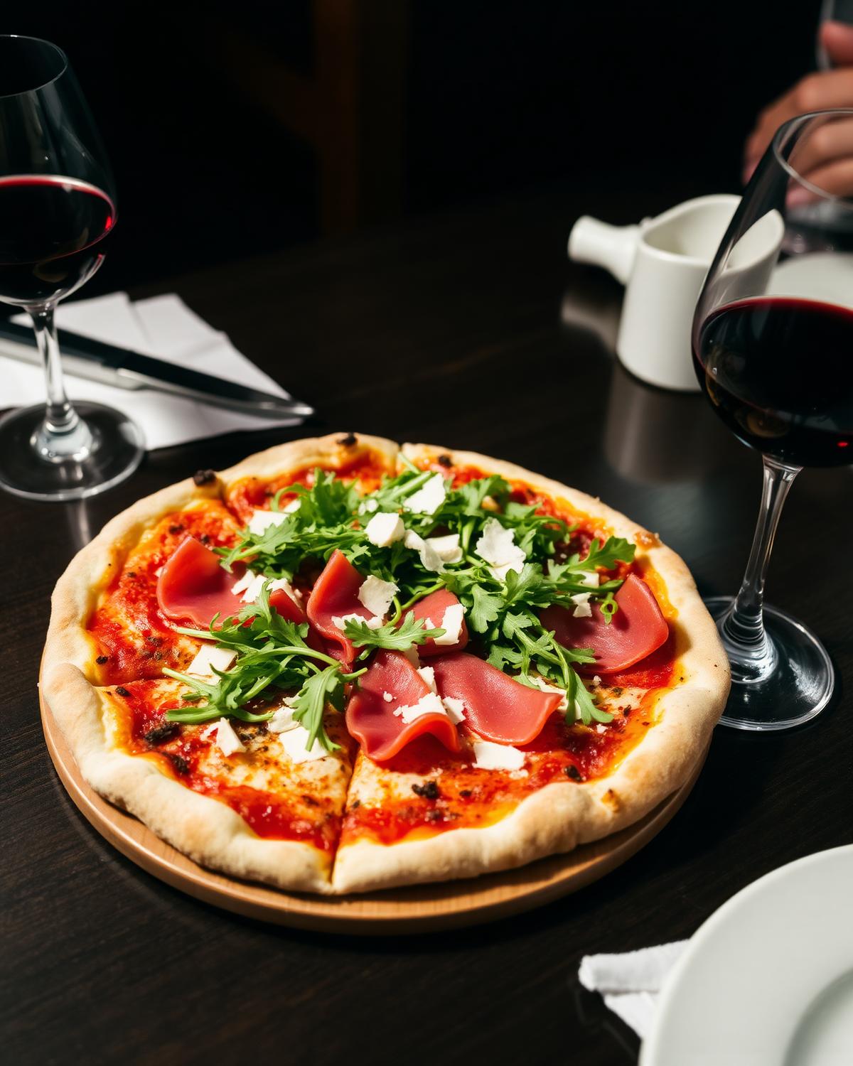 Pizza com prosciutto e vinho